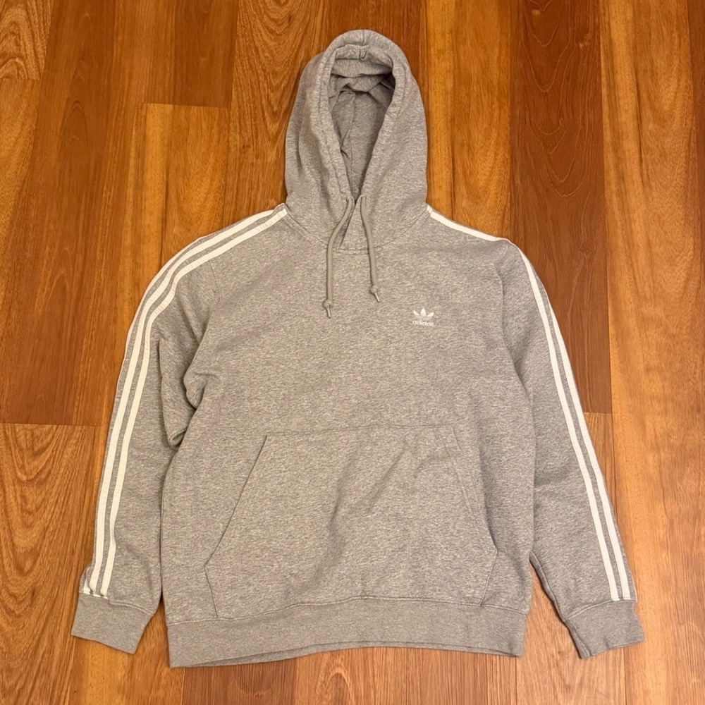Adidas Gray Hoodie Sweatshirt with White Stripes Men's Size Large